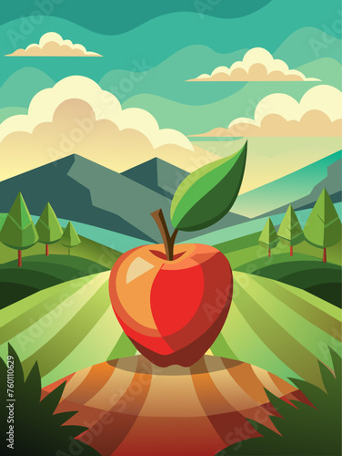 A lush, green landscape is adorned with a vibrant apple tree bearing crisp, red apples.