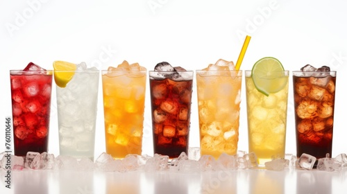 An array of colorful iced beverages with different flavors, beautifully presented with ice cubes and slices of fruit