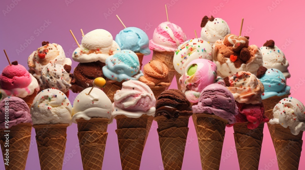 Rainbow selection of ice creams adorned with toppings on cone waffles with a vibrant pink background