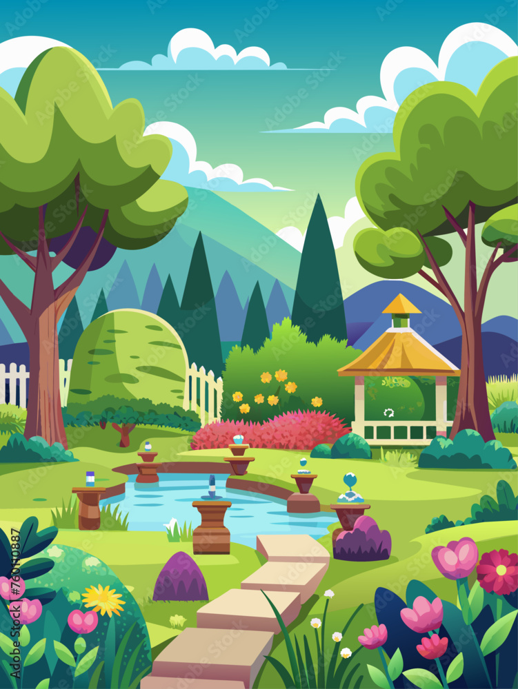 The gardens vector landscape background depicts a tranquil scene of rolling hills, lush greenery, and serene bodies of water.