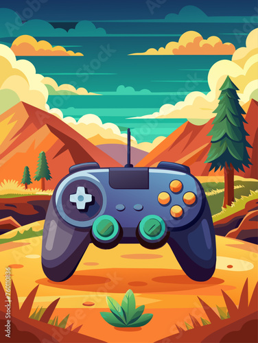 A game controller is placed on a landscape background with a blue sky and green grass.