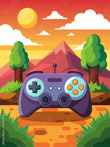 A video game controller sits on a landscape backdrop with vibrant colors and a sunset gradient.