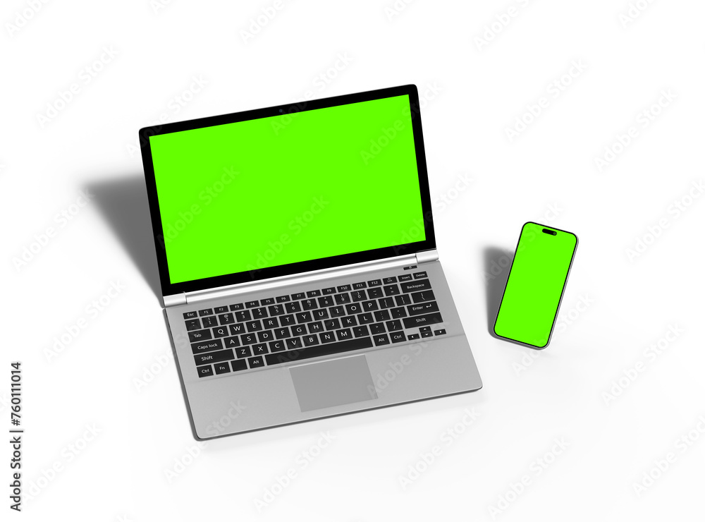 3D Render of laptop and phone with green screen on a transparent background 3D Render of laptop and phone with green screen on a transparent background