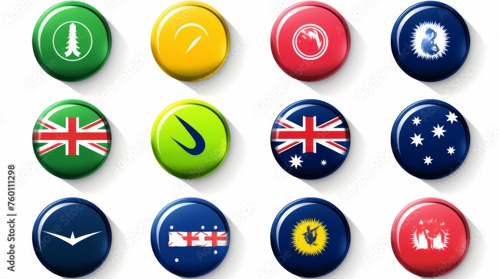 An arrangement of round buttons each bearing different national symbols including flags and iconic national imagery