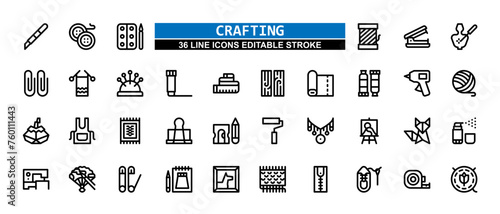 36 Crafting Line Icons Set Pack Editable Stroke Vector Illustration.