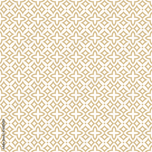 Golden vector geometric floral ornament. Luxury seamless pattern in oriental asian style. Gold texture with flowers, leaves, diamonds, curved shapes, grid, lattice. Simple abstract geo background