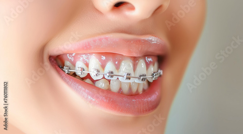 Girl smiling with perfect teeth with braces, teeth alignment perfect smile, dentist