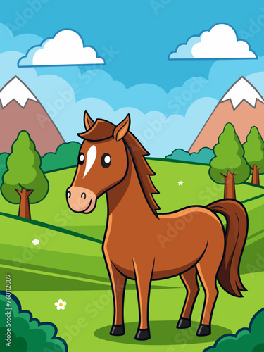 A majestic horse gallops through a rolling green landscape, its mane and tail flowing freely in the wind.