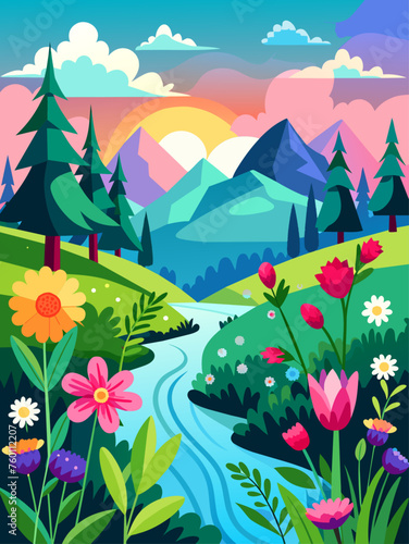 Flowery vector landscape background with beautiful blooming flowers and green leaves.