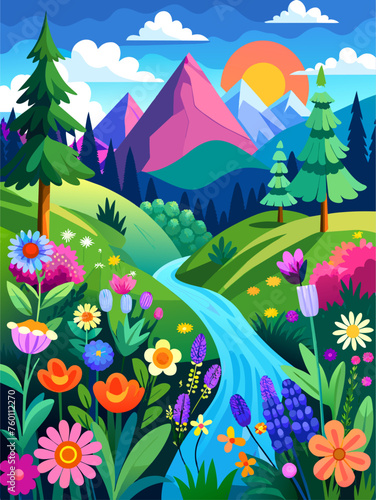 Floral vector landscape with blooming flowers  rolling hills  and a serene sky.