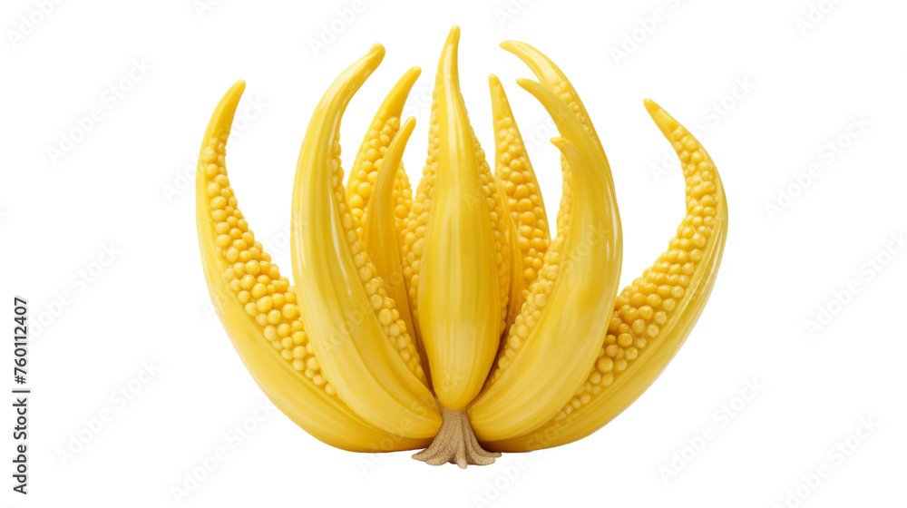 Ripe yellow bananas artfully arranged on a pristine white background