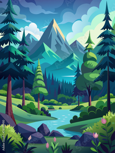A vibrant forest vector landscape background captures the essence of nature with towering trees, lush greenery, and a tranquil stream.