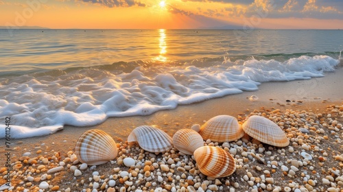 Serene Ocean Waves and Shells at Sunrise for Earth Day