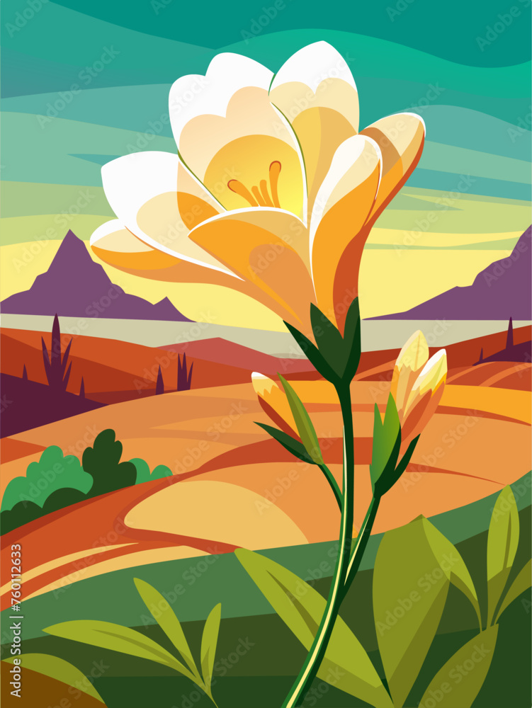 Freesia vector landscape background depicts a picturesque expanse amidst blooming freesia flowers.