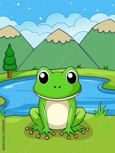A verdant landscape with a vibrant green frog leaps towards a lily pad in a serene pond  while a majestic mountain range peeks through the lush vegetation.