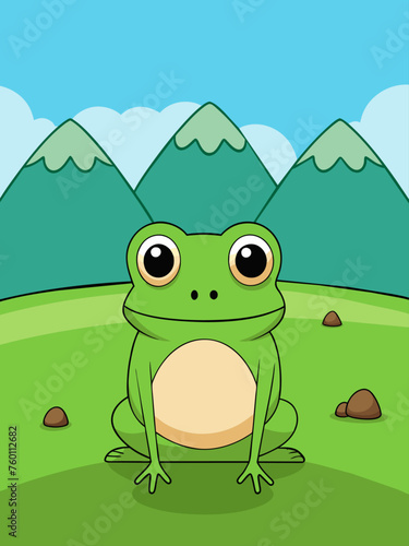 A vibrant vector landscape background featuring a lush green meadow with a happy frog.