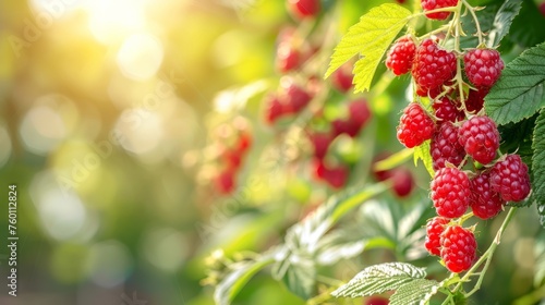 Branch of ripe raspberries in fruit garden. Red sweet berries and green leaves. Nature background