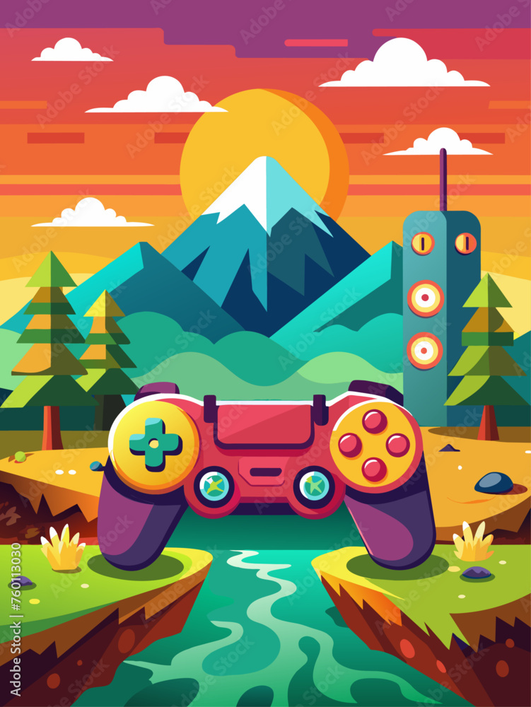 A video game controller sits on a landscape backdrop with vibrant colors and a sunset gradient.