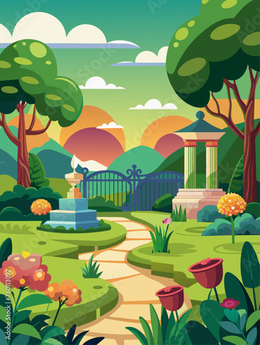 Gardens vector landscape background featuring lush greenery  blooming flowers  and a serene atmosphere.