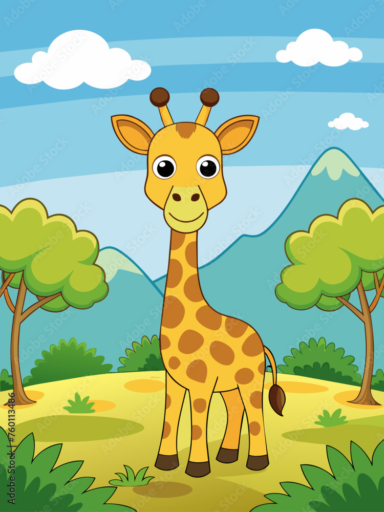 Fototapeta premium The giraffe gracefully stands tall against a breathtaking landscape backdrop, its slender form reaching towards the vast expanse of the sky.