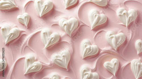 Close up of Creamy Heart Shape Vanilla Strawberry Yogurt or White Pink Cream Detail Texture Background. Top View of Healthy Organic Yoghurt or Balm Product. Love, Romance, Valentine Abstract Aesthetic