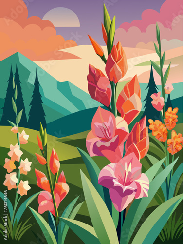 Gladiolus flowers bloom amidst a serene landscape, creating a breathtaking and colorful vista.