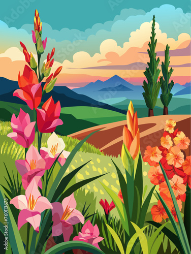 Sunny gladiolus flowers on green meadow.