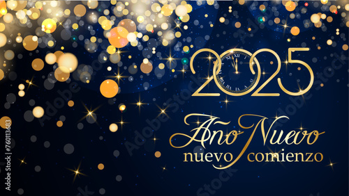 tarjeta o pancarta para desear un nuevo comienzo para el nuevo año 2025 en oro sobre fondo azul con círculos dorados y brillo en efecto bokeh