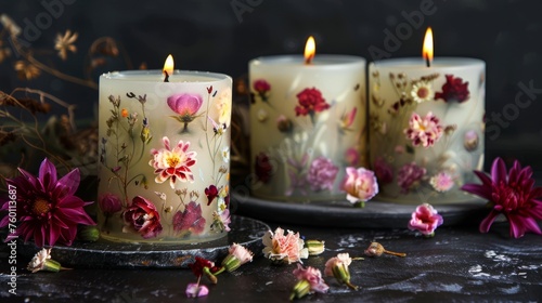 Candles with flowers on black background