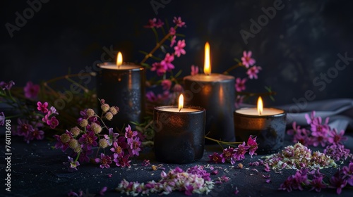 Candles with flowers on black background