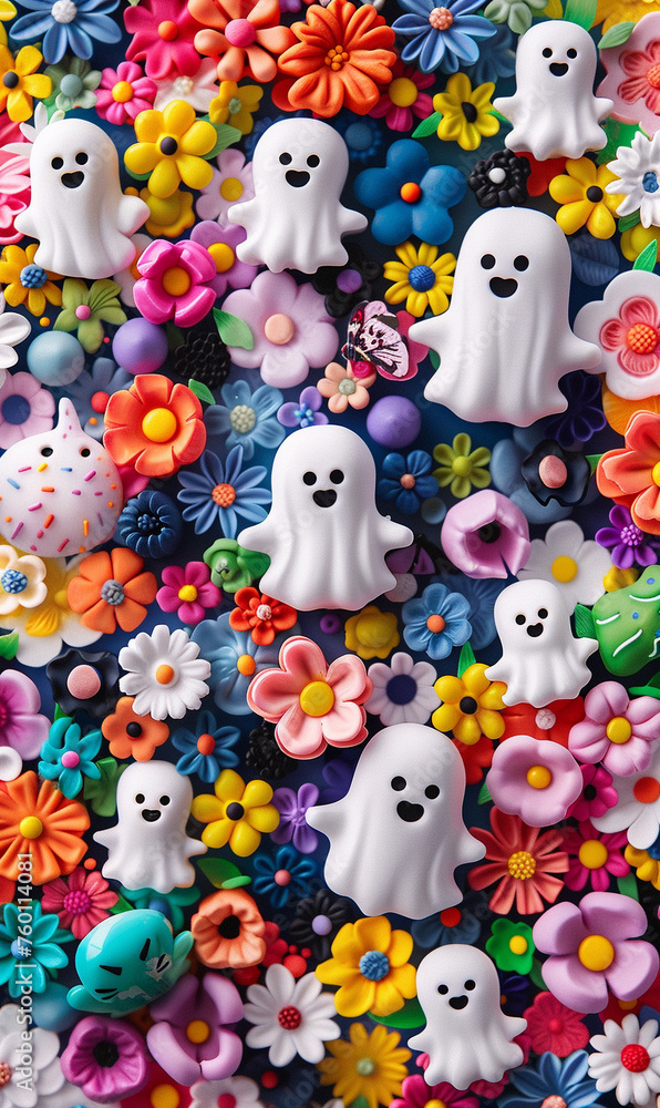 cute little ghosts in bright colorful wildflowers pattern, 3D clay style, cake icing effect
