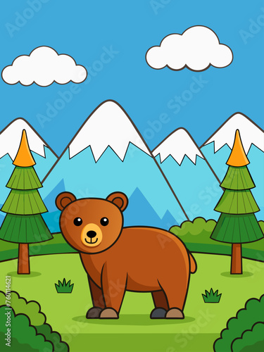 A formidable grizzly bear roams a rugged and scenic landscape adorned with majestic mountains, verdant forests, and a tranquil lake.