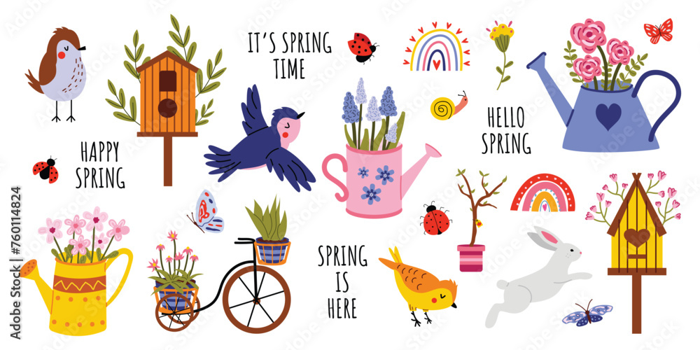 Vector spring set. Hello spring. Flowers, birds, birdhouses, watering cans, butterflies, bunny, bicycle. Collection of spring elements for scrapbooking. Hand drawn style. Banner, poster .