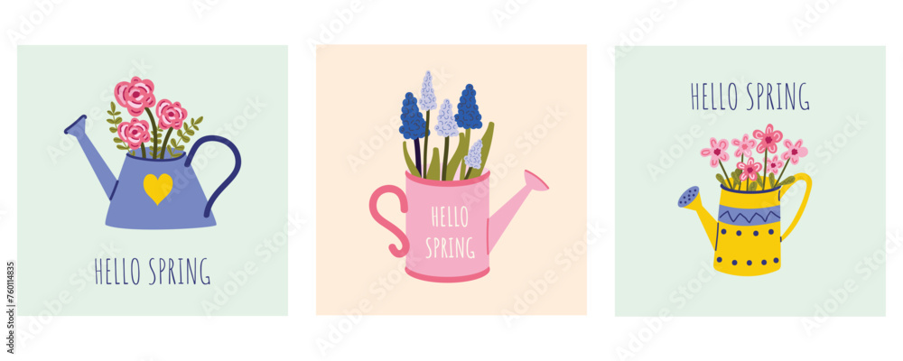 Spring greeting cards with flowers, blooms, watering can. Vector greeting card, poster, template. Spring mood. Minimalist postcard with spring theme. Hand drawn style.