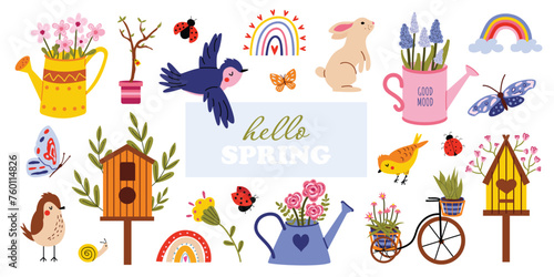 Large vector spring set. Hello spring. Flowers, birds, birdhouses, watering cans, butterflies, rabbit. Collection of spring elements for scrapbooking. Hand drawn style. Banner, poster . © Hanna Perelygina