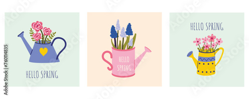 Spring greeting cards with flowers, blooms, watering can. Vector greeting card, poster, template. Spring mood. Minimalist postcard with spring theme. Hand drawn style. © Hanna Perelygina