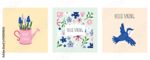 Vector set of spring greeting cards with flowers, bird, watering can. Greeting card, poster, template. Spring mood. Minimalist postcard with spring theme. Hand drawn style. © Hanna Perelygina
