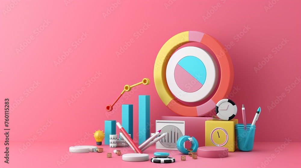 A vibrant setup with 3D growth chart, pie chart, and various office supplies against a pink background A vibrant setup with 3D growth chart, pie chart, and various office supplies against a pink background