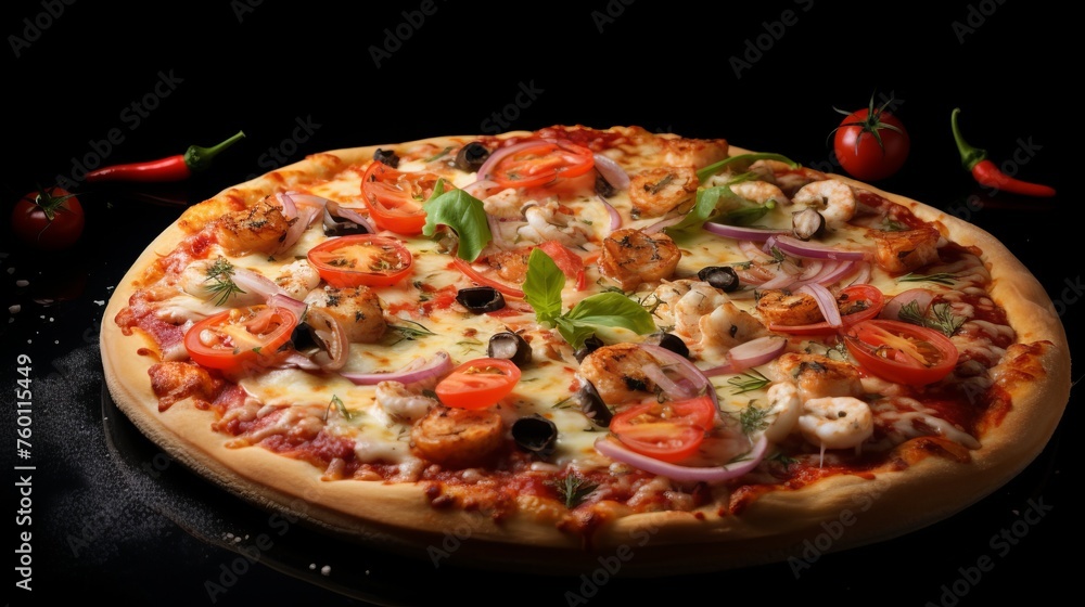 A tantalizing image of a chicken pizza adorned with fresh vegetables and cheese, creating a perfect meal representation