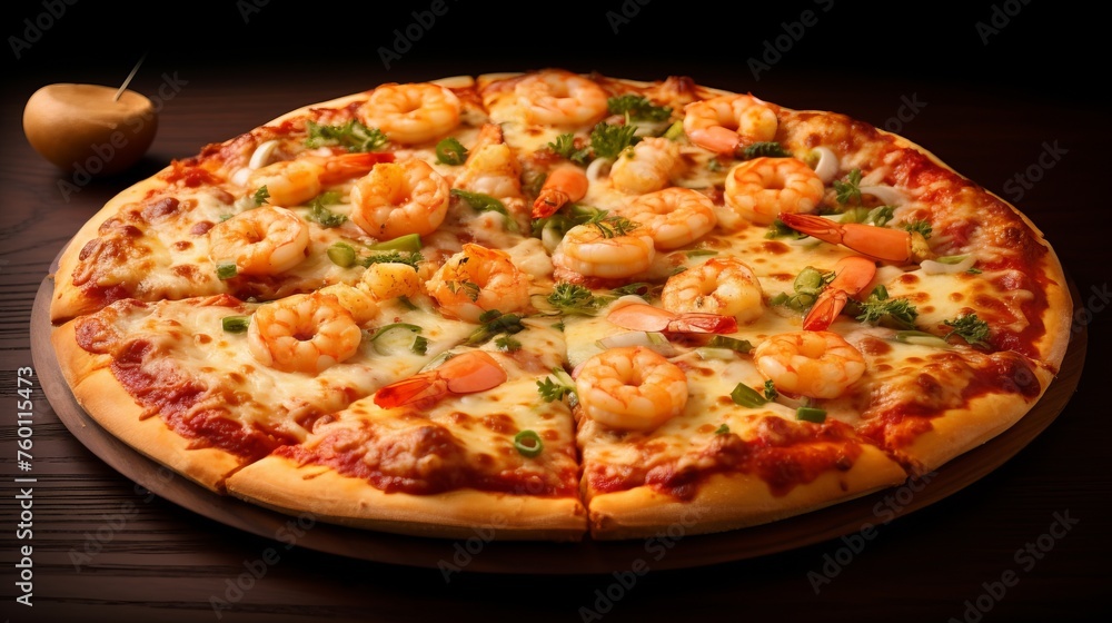 A beautifully crafted seafood pizza with vibrant shrimp toppings and green onion garnish on a rustic wooden background