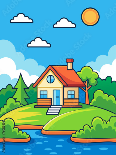 Serene home vector water landscape background with tranquil blue waters, lush greenery, and a warm sunset glow.