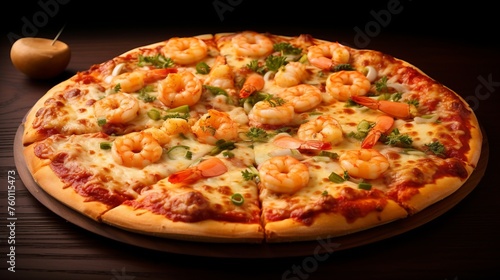 A beautifully crafted seafood pizza with vibrant shrimp toppings and green onion garnish on a rustic wooden background