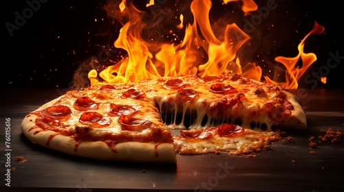 Delicious pepperoni pizza with stretching cheese and vibrant flames in the background, signifying heat and flavor