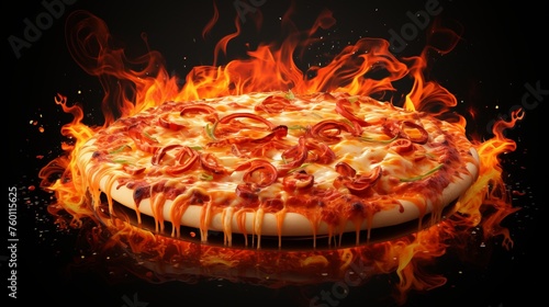 A sizzling hot pizza with onions and cheese showcased amidst robust flames, symbolizing heat and zest