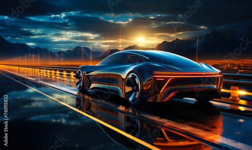 High-speed autonomous vehicle with dynamic light trails on a highway, representing the concept of futuristic transportation and electric vehicles