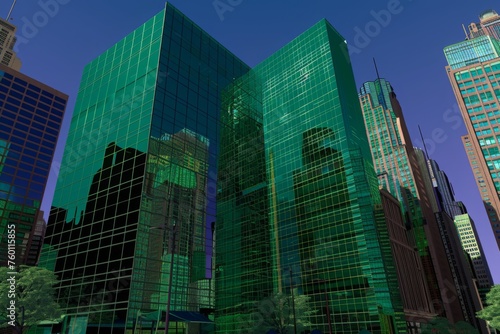 Glossy glass skyscrapers in urban city environment. Corporate businesses, high rise office spaces, and financial districts, reflecting the dynamic nature of urban design and aesthetics.