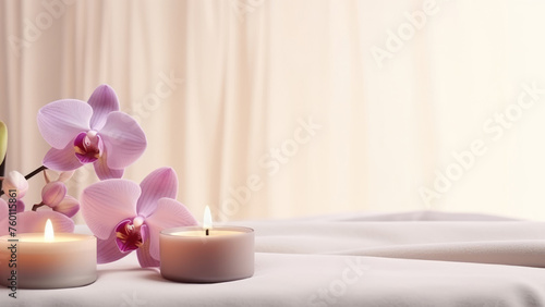 An incredible atmosphere, orchid and aromatic candles on a gentle background of pastel colors 