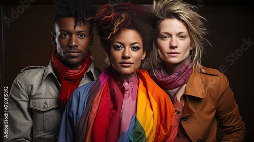 Three people with different hair colors and scarves are standing together photo