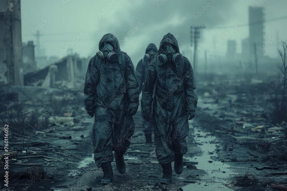 Three people in hazmat suits and gas masks walk through a desolate, flooded landscape. In the background, there are power lines and ruins of buildings. The sky is dark and overcast. - obrazy, fototapety, plakaty 
