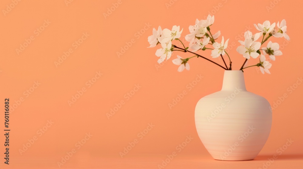 A white vase with some white flowers in it with copy-space